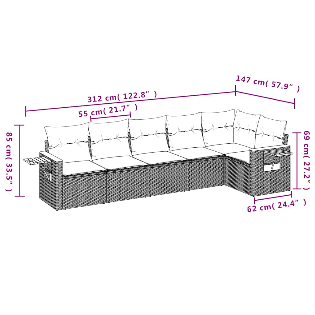 6-tlg. Garten-Sofagarnitur mit Kissen Schwarz Poly Rattan