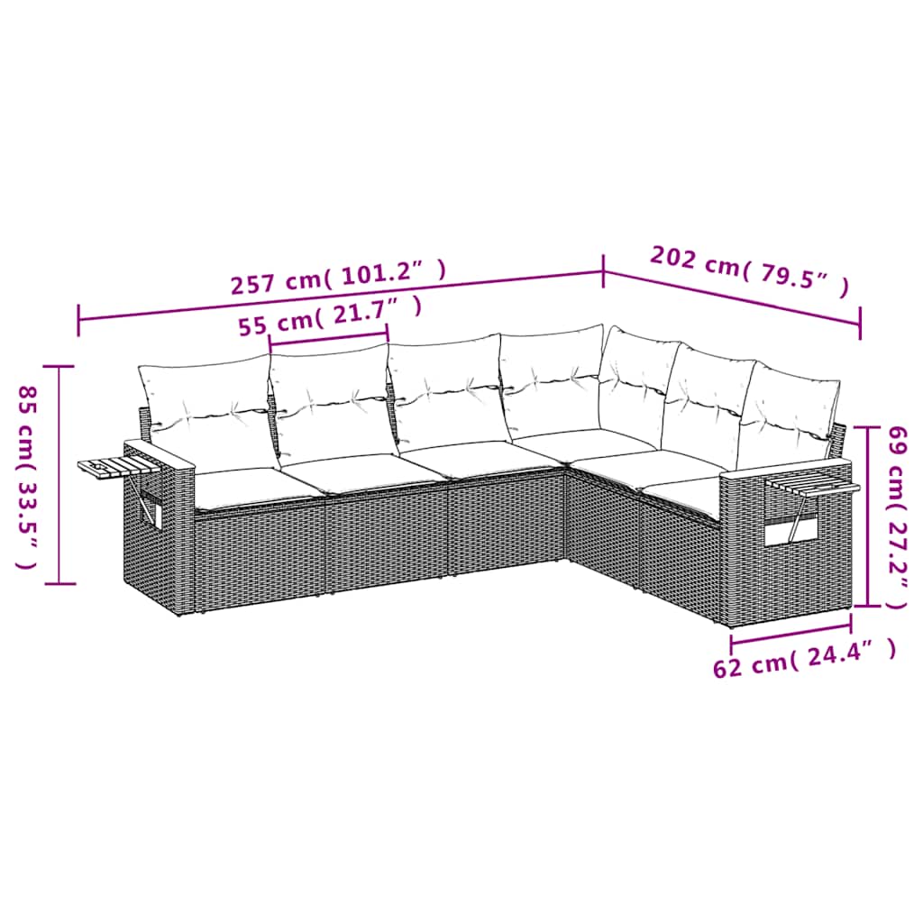 6-tlg. Garten-Sofagarnitur mit Kissen Schwarz Poly Rattan