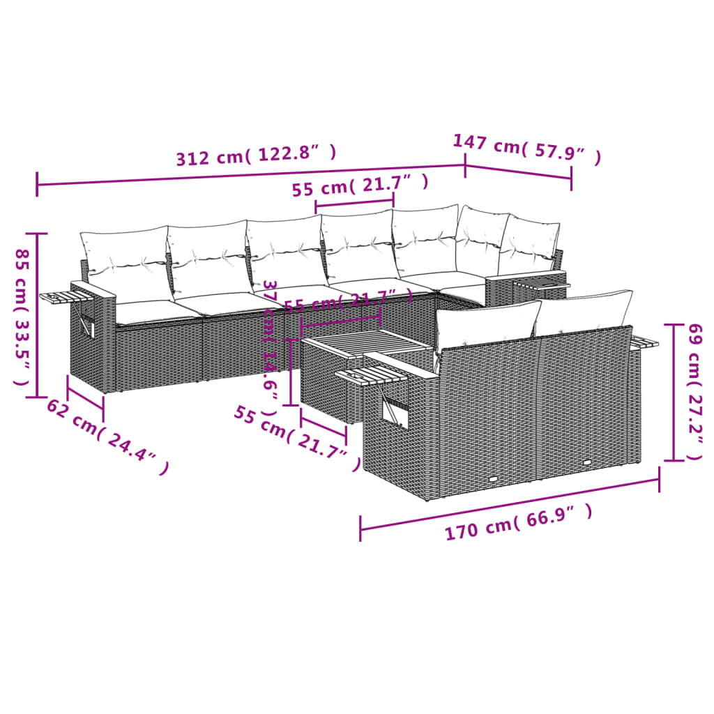 9-tlg. Garten-Sofagarnitur mit Kissen Grau Poly Rattan