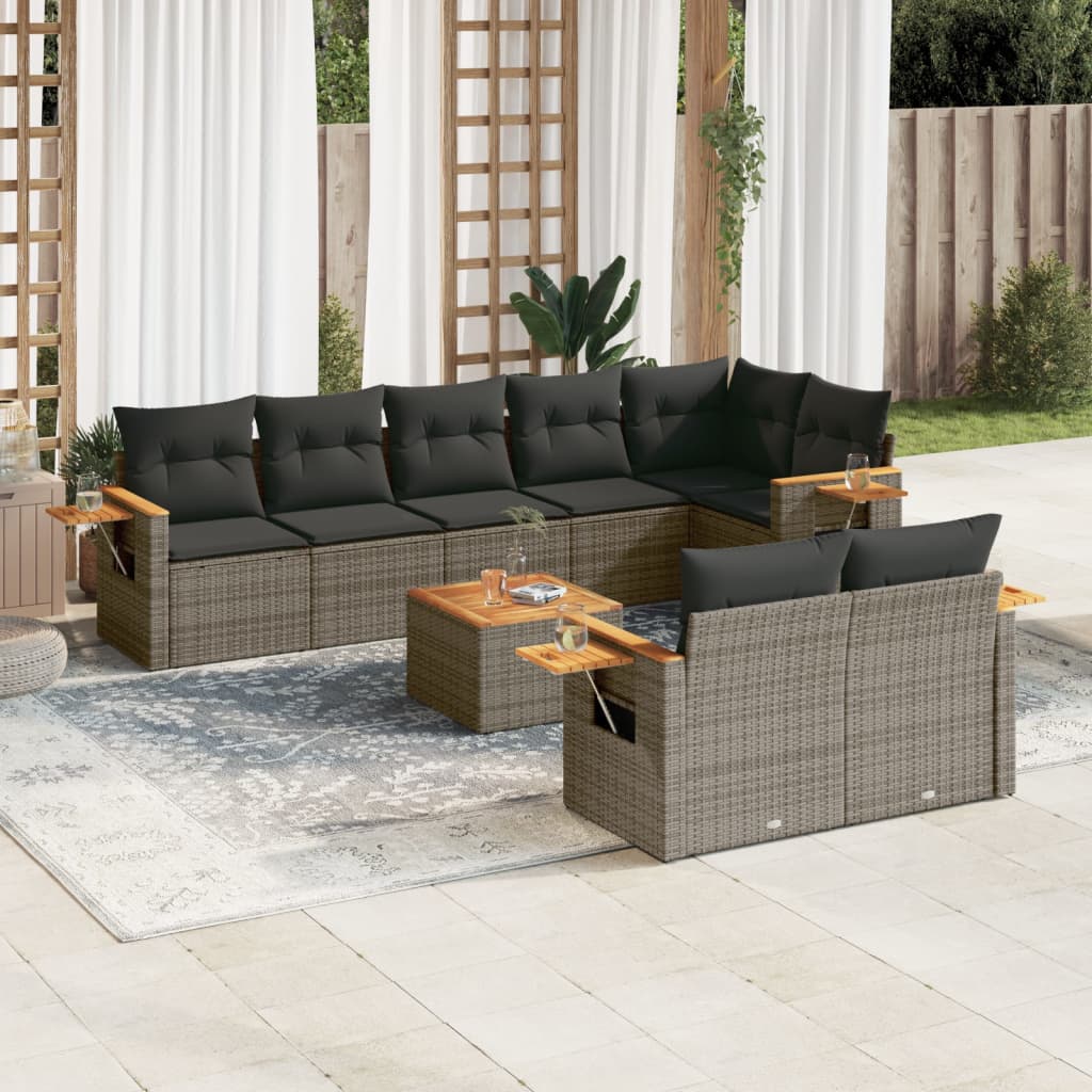 9-tlg. Garten-Sofagarnitur mit Kissen Grau Poly Rattan