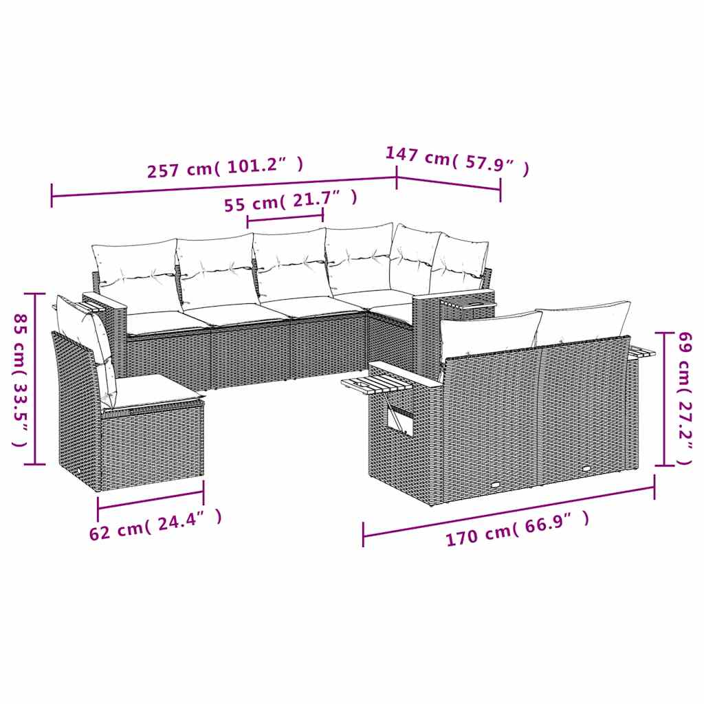 8-tlg. Garten-Sofagarnitur mit Kissen Schwarz Poly Rattan