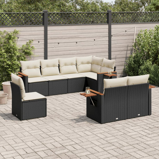 Ensemble de canapés de jardin 8 pièces avec coussins, en polyrotin noir