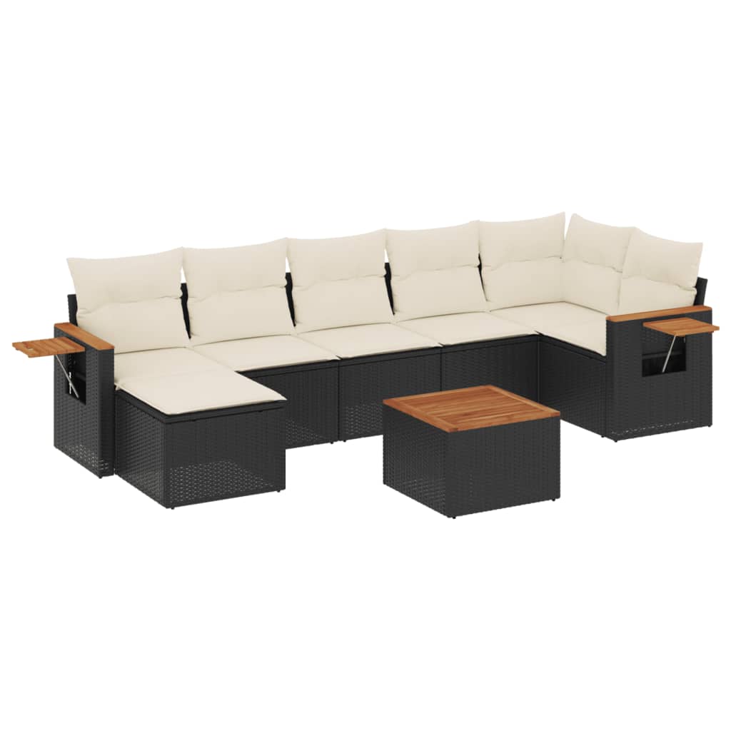 8-piece garden sofa set with cushions, black poly rattan