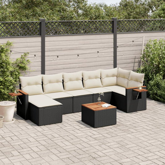8-piece garden sofa set with cushions, black poly rattan