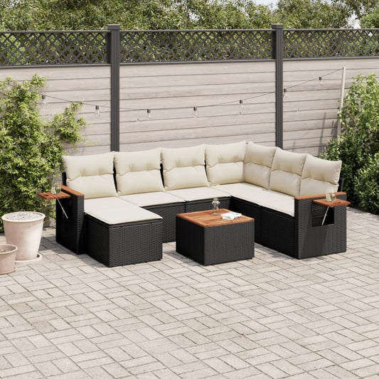 8-piece garden sofa set with cushions, black poly rattan