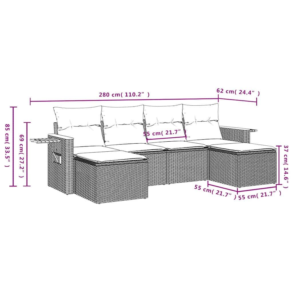 6-tlg. Garten-Sofagarnitur mit Kissen Schwarz Poly Rattan