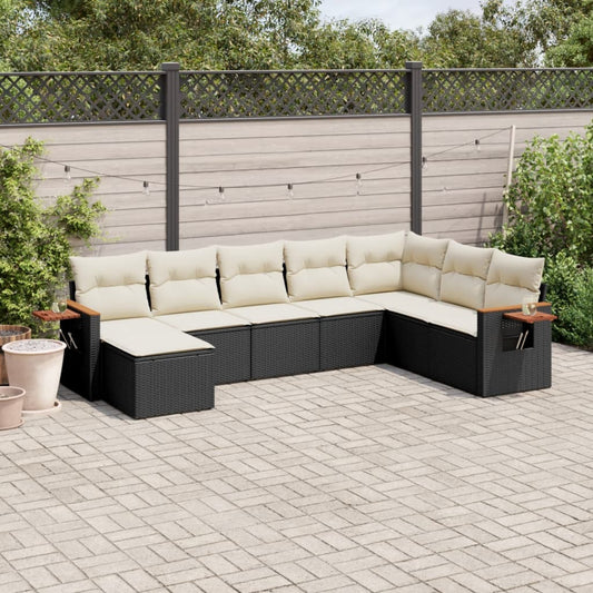 8-piece garden sofa set with cushions, black poly rattan