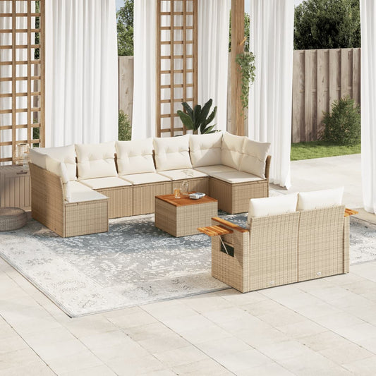 10-tlg. Garten-Sofagarnitur mit Kissen Beige Poly Rattan