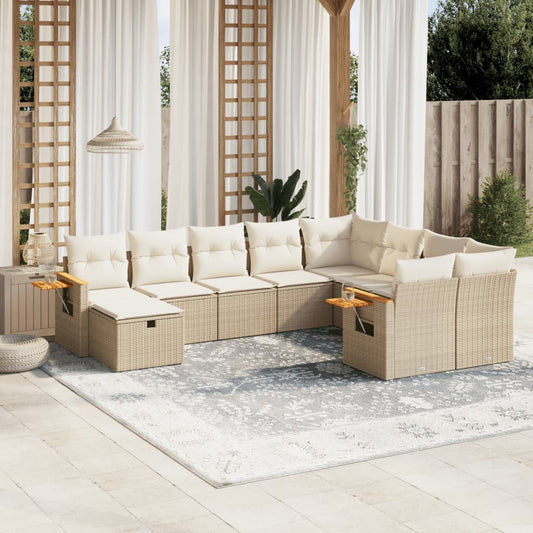 10-tlg. Garten-Sofagarnitur mit Kissen Beige Poly Rattan