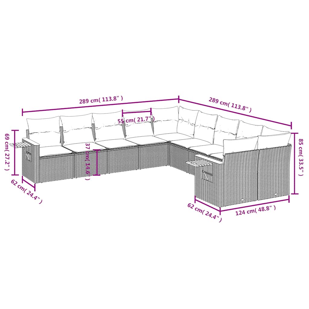 10-tlg. Garten-Sofagarnitur mit Kissen Schwarz Poly Rattan