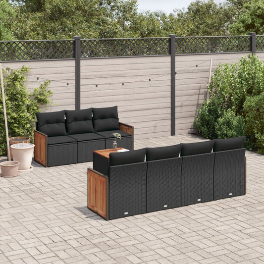 8-piece garden sofa set with cushions, black poly rattan