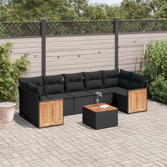 8-piece garden sofa set with cushions, black poly rattan