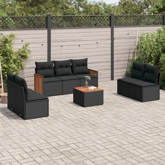 8-piece garden sofa set with cushions, black poly rattan