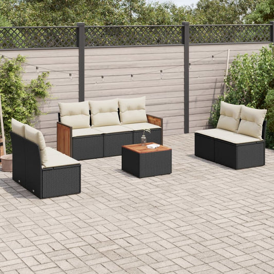 8-piece garden sofa set with cushions, black poly rattan