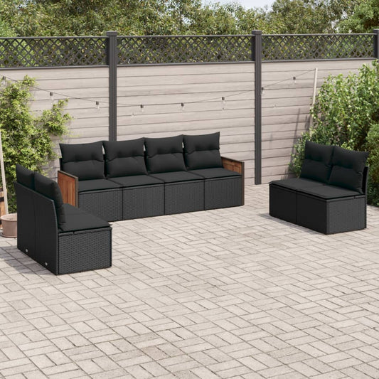 8-piece garden sofa set with cushions, black poly rattan