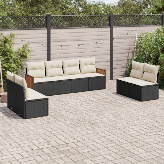 8-piece garden sofa set with cushions, black poly rattan