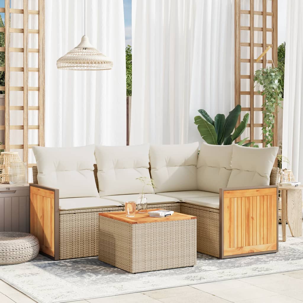 5-tlg. Garten-Sofagarnitur mit Kissen Beige Poly Rattan