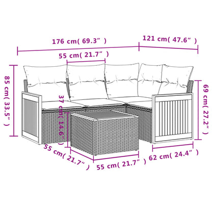 5-tlg. Garten-Sofagarnitur mit Kissen Grau Poly Rattan