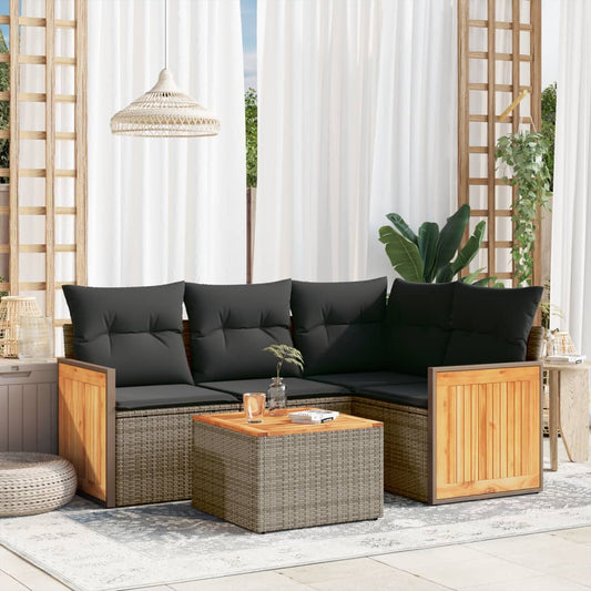 5-tlg. Garten-Sofagarnitur mit Kissen Grau Poly Rattan