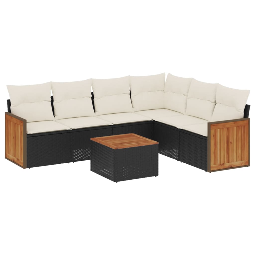 7-tlg. Garten-Sofagarnitur mit Kissen Schwarz Poly Rattan