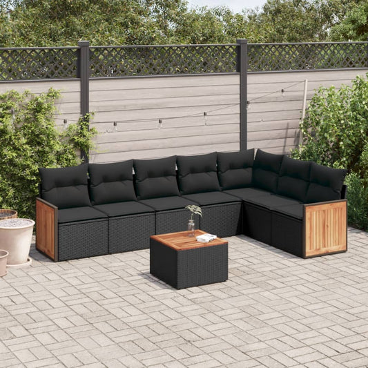 8-piece garden sofa set with cushions, black poly rattan