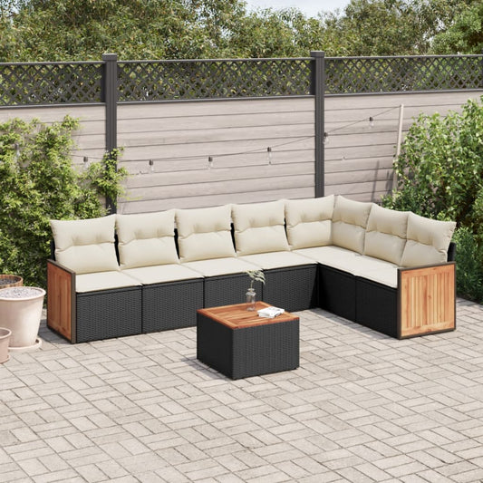 8-piece garden sofa set with cushions, black poly rattan