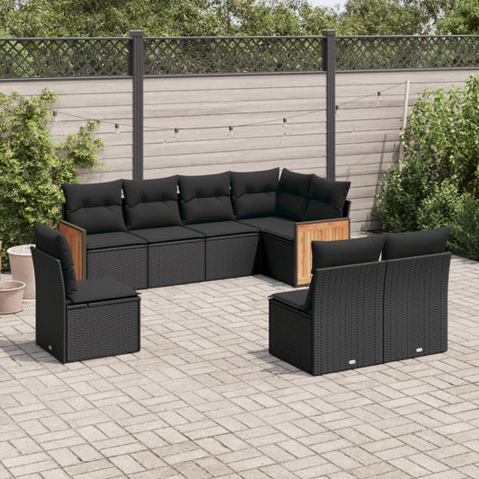 8-piece garden sofa set with cushions, black poly rattan