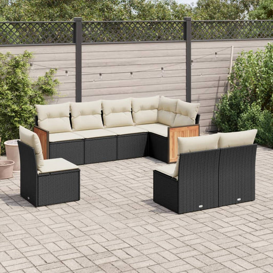 8-piece garden sofa set with cushions, black poly rattan