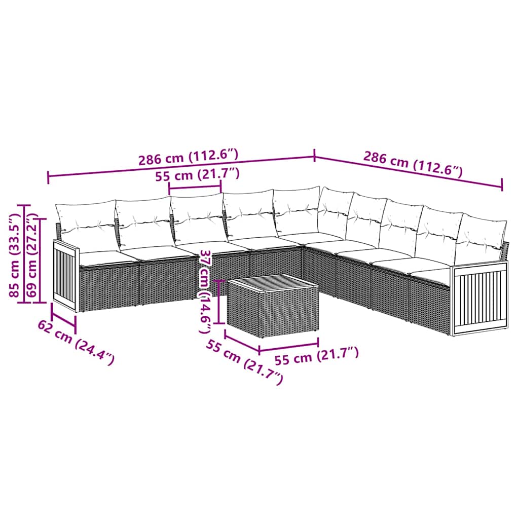 10-tlg. Garten-Sofagarnitur mit Kissen Schwarz Poly Rattan
