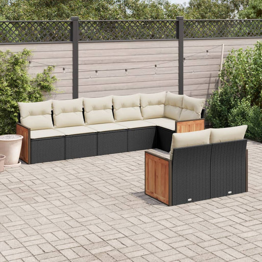 8-piece garden sofa set with cushions, black poly rattan