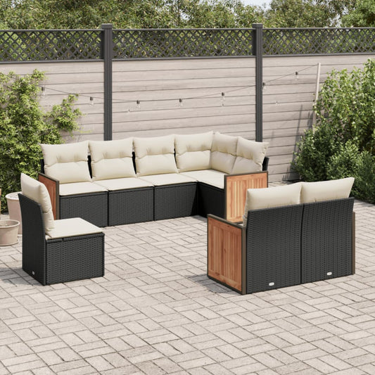 8-piece garden sofa set with cushions, black poly rattan