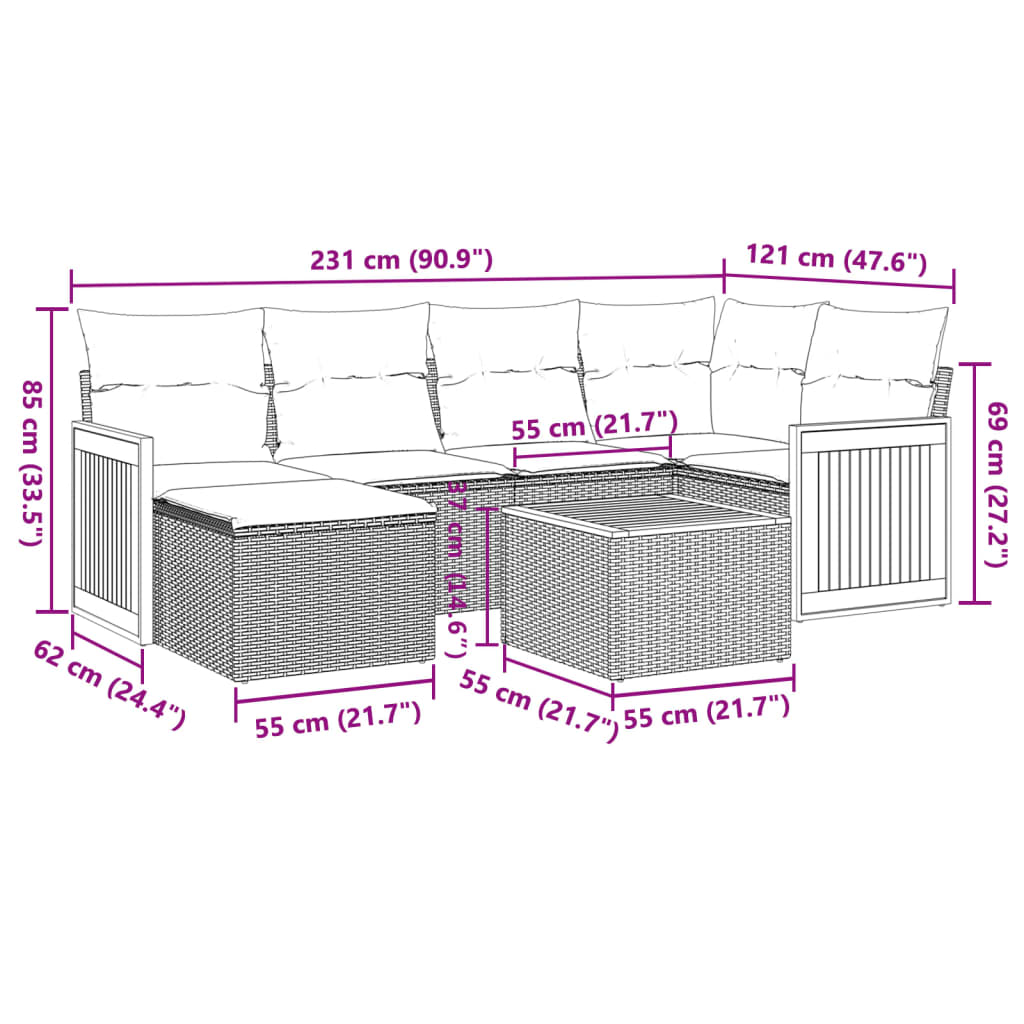7-tlg. Garten-Sofagarnitur mit Kissen Schwarz Poly Rattan