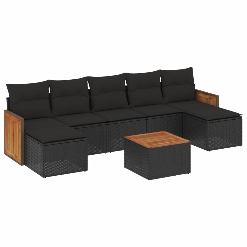 8-piece garden sofa set with cushions, black poly rattan