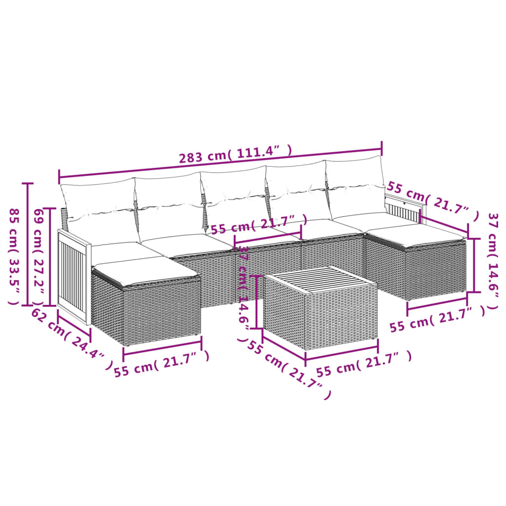 8-piece garden sofa set with cushions, black poly rattan