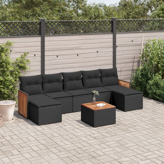 8-piece garden sofa set with cushions, black poly rattan