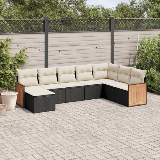 8-piece garden sofa set with cushions, black poly rattan