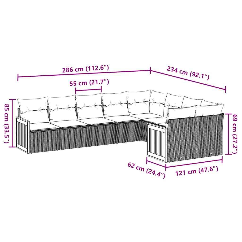 9-tlg. Garten-Sofagarnitur mit Kissen Schwarz Poly Rattan