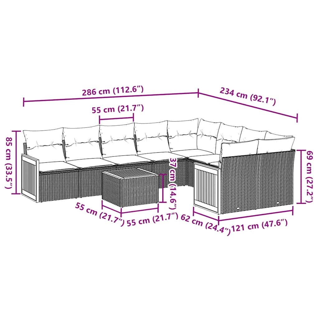 10-tlg. Garten-Sofagarnitur mit Kissen Schwarz Poly Rattan