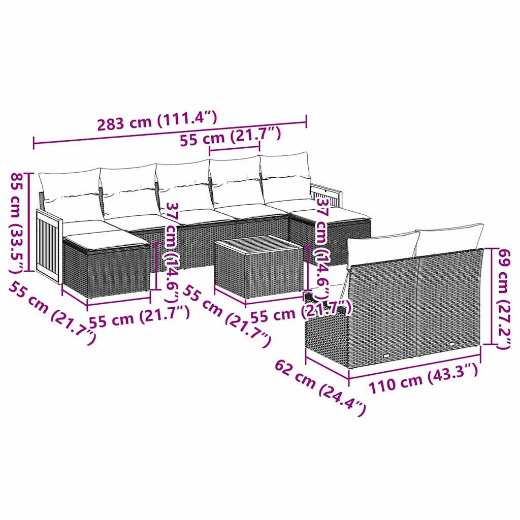 10-tlg. Garten-Sofagarnitur mit Kissen Schwarz Poly Rattan