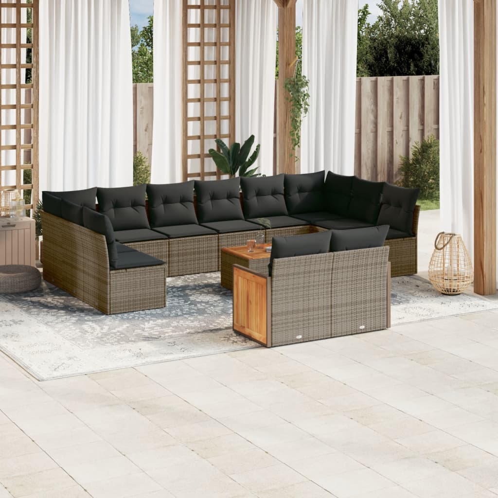 13-tlg. Garten-Sofagarnitur mit Kissen Grau Poly Rattan