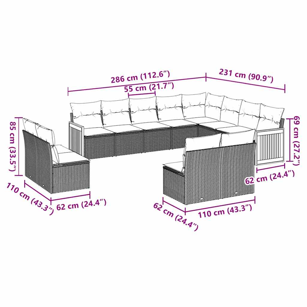 12-tlg. Garten-Sofagarnitur mit Kissen Schwarz Poly Rattan