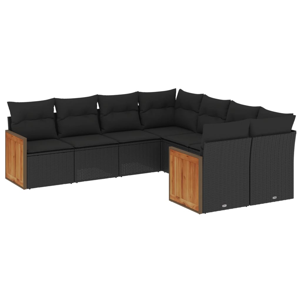 8-piece garden sofa set with cushions, black poly rattan