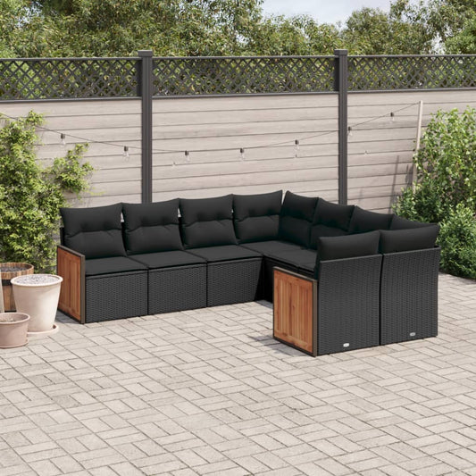 8-piece garden sofa set with cushions, black poly rattan