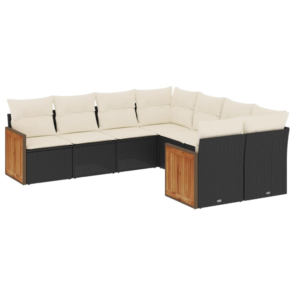 8-piece garden sofa set with cushions, black poly rattan