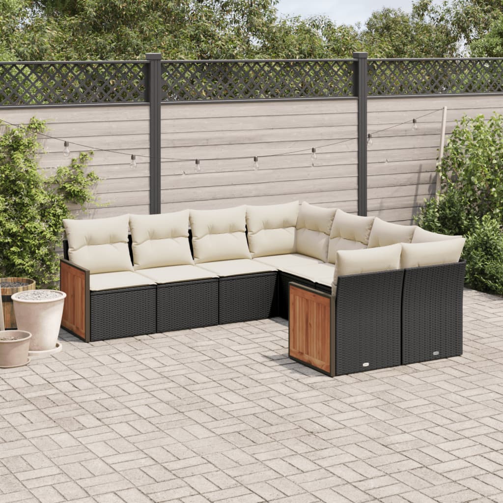 8-piece garden sofa set with cushions, black poly rattan