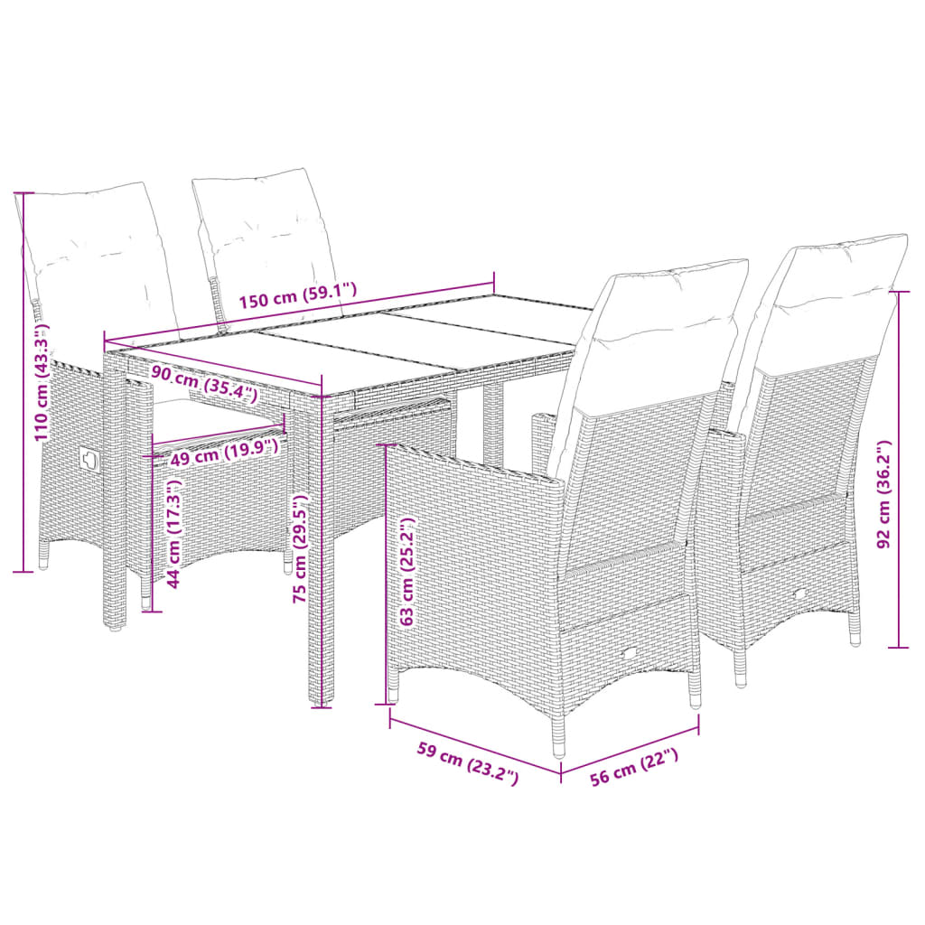 5-tlg. Garten-Essgruppe mit Kissen Schwarz Poly Rattan