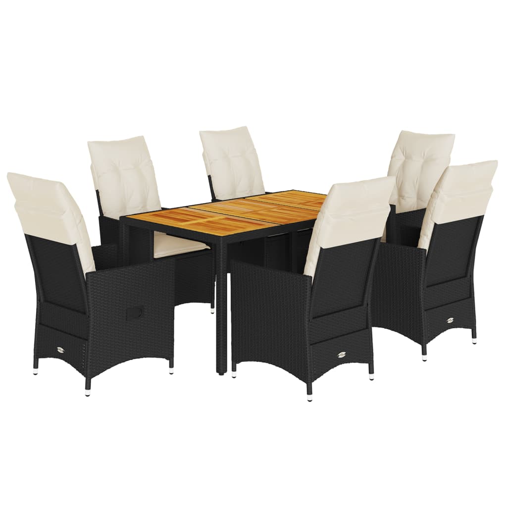 7-tlg. Garten-Essgruppe mit Kissen Schwarz Poly Rattan