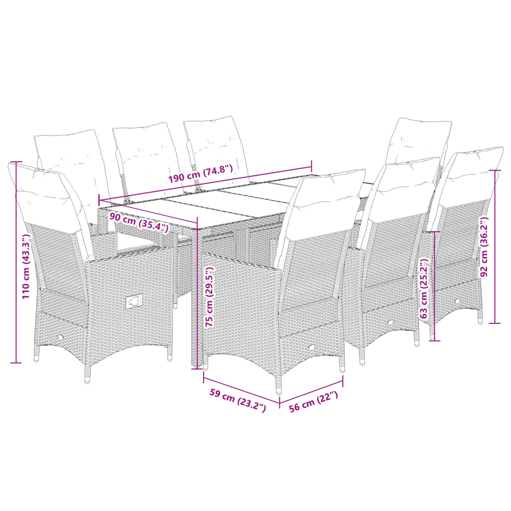 9-tlg. Garten-Essgruppe mit Kissen Schwarz Poly Rattan
