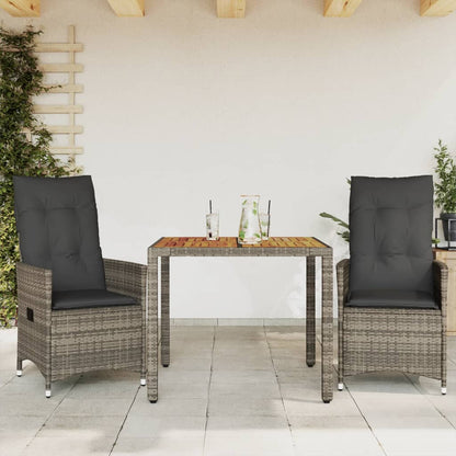 3-tlg. Bistro-Set mit Kissen Grau Poly Rattan