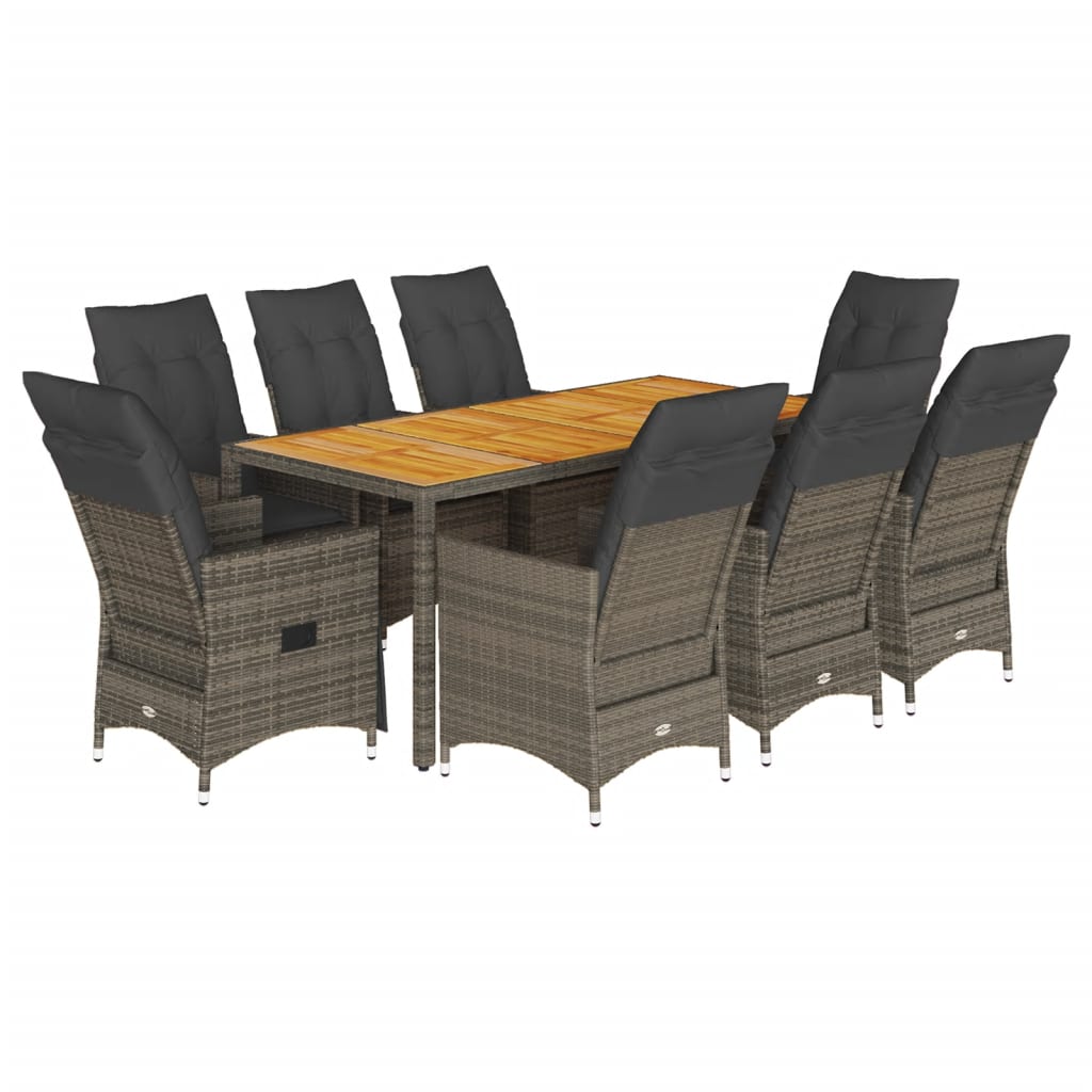 9-tlg. Garten-Essgruppe mit Kissen Grau Poly Rattan